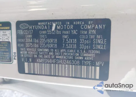 2017 Hyundai Santa Fe Se из США, поврежденный, VIN KM8SN4HF3HU246308